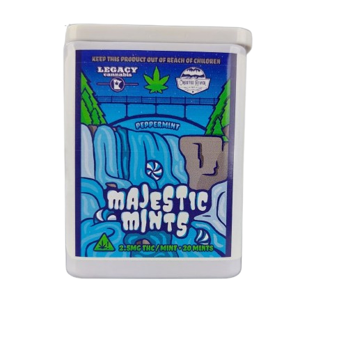 A package of Legacy Cannabis Majestic Mints with a peppermint flavor, containing 2.5 MG THC, with branding and product information displayed on the label.