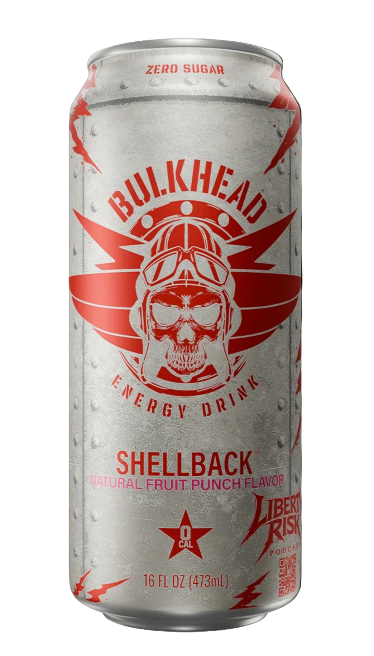 A 16 fl oz can of Bulkhead Shellback energy drink, featuring a metallic silver can with a bold red graphic of a skull wearing aviator goggles and a helmet, set against a dark background.