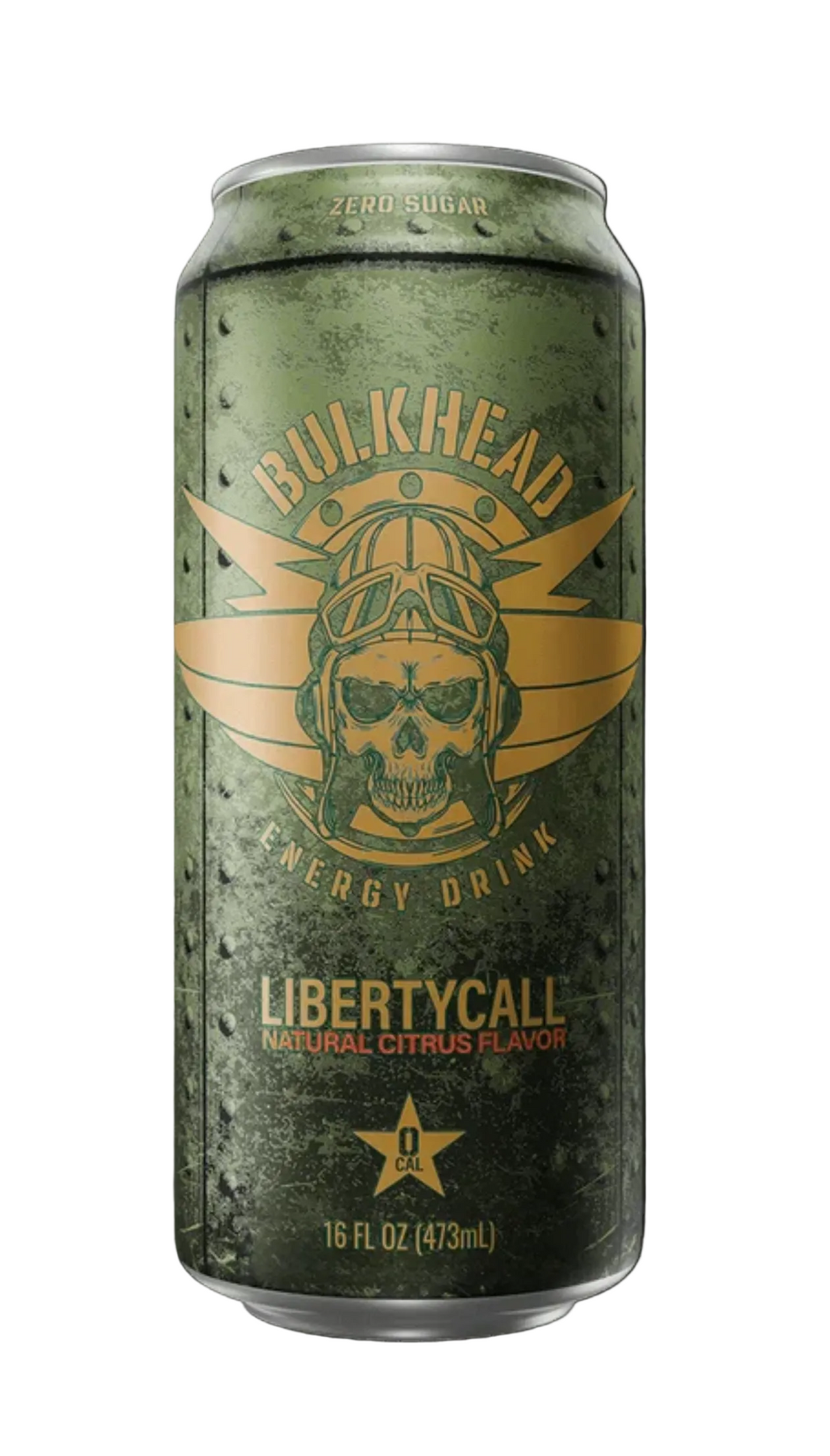 A single aluminum can of Bulkhead Energy Drink LibertyCall, natural citrus flavor, shown against a solid black background. The can features a textured olive green design with a prominent gold graphic of a skull wearing a helmet and goggles, surrounded by wings.