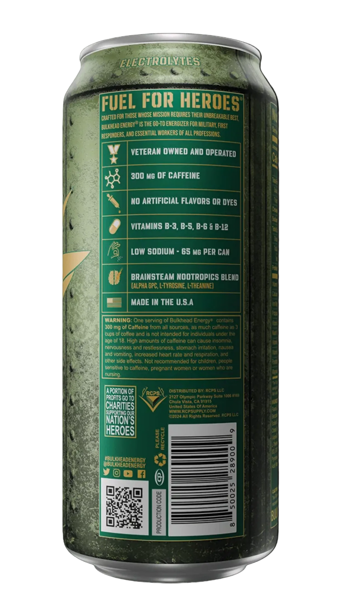 The back of a green electrolyte beverage can, featuring product information, ingredients, and a barcode on a dark background.