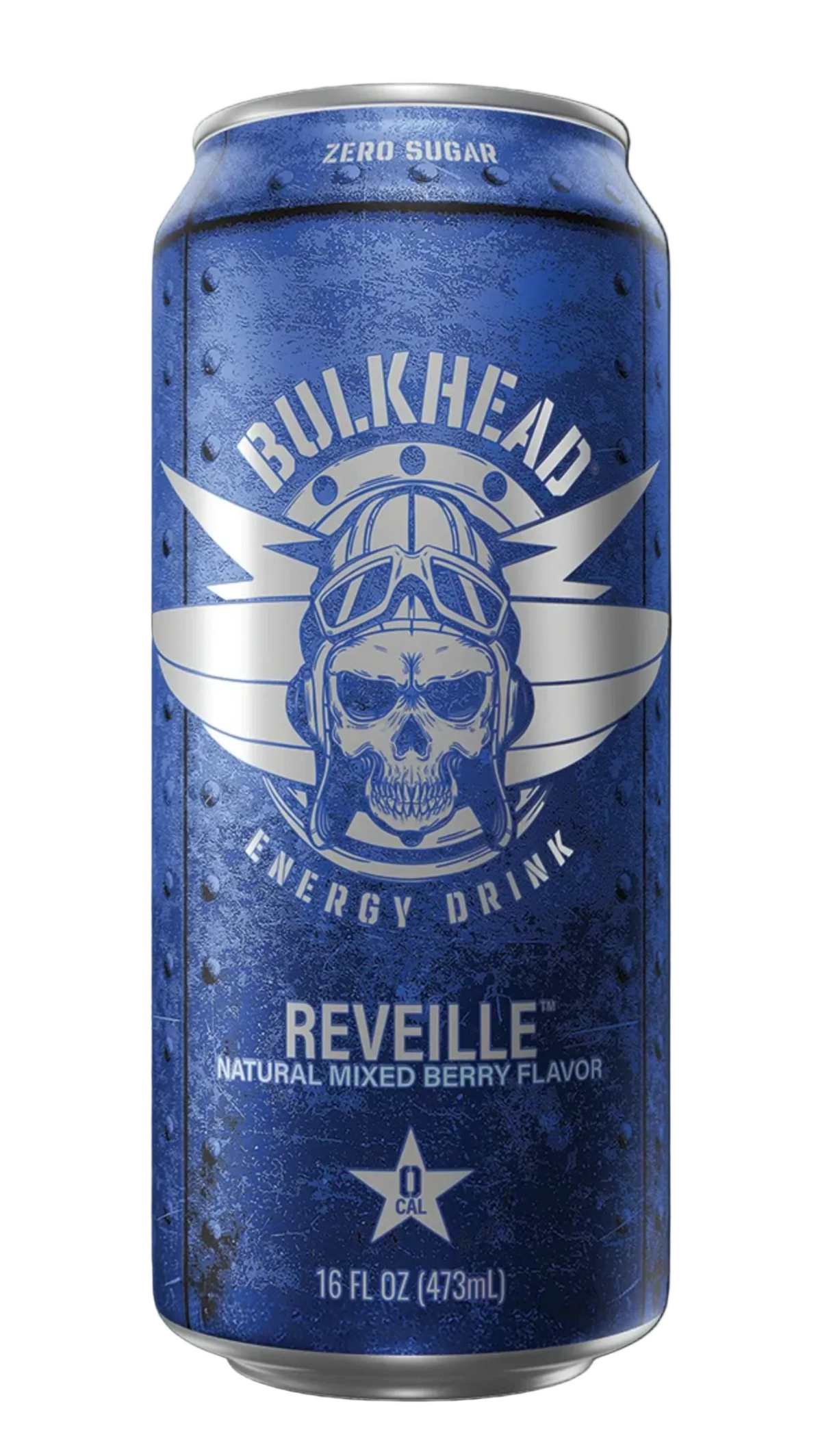 A single can of Bulkhead Energy Drink Reveille, natural mixed berry flavor, shown against a solid black background. The can features a textured metallic blue design with a white and silver graphic of a skull wearing goggles and wings, with 'BULKHEAD' and 'REVEILLE' printed in white.