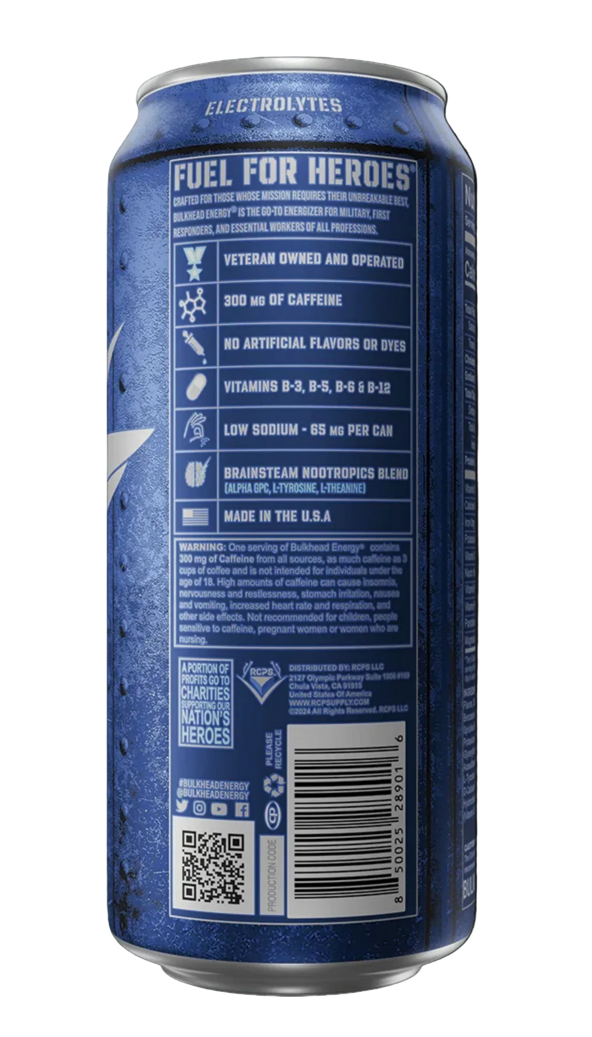 A blue electrolyte beverage can shown from the back, featuring product information, a barcode, QR code, and branding on a dark background.
