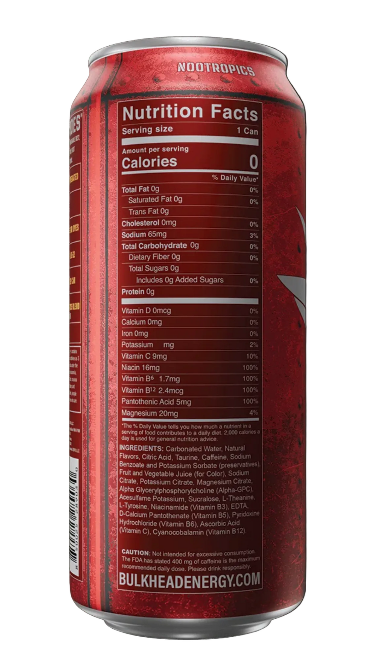 A red Nootropics energy can shown from the back, featuring a prominent Nutrition Facts label and a dark gray logo on a black background.
