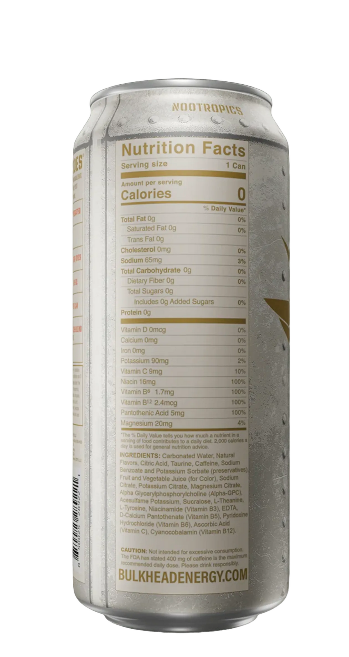 A slim aluminum beverage can shown upright against a dark studio background, with the Nutrition Facts label facing forward. The can appears metallic silver/gray with tan and dark text, and the brand name Nootropics is visible near the top.