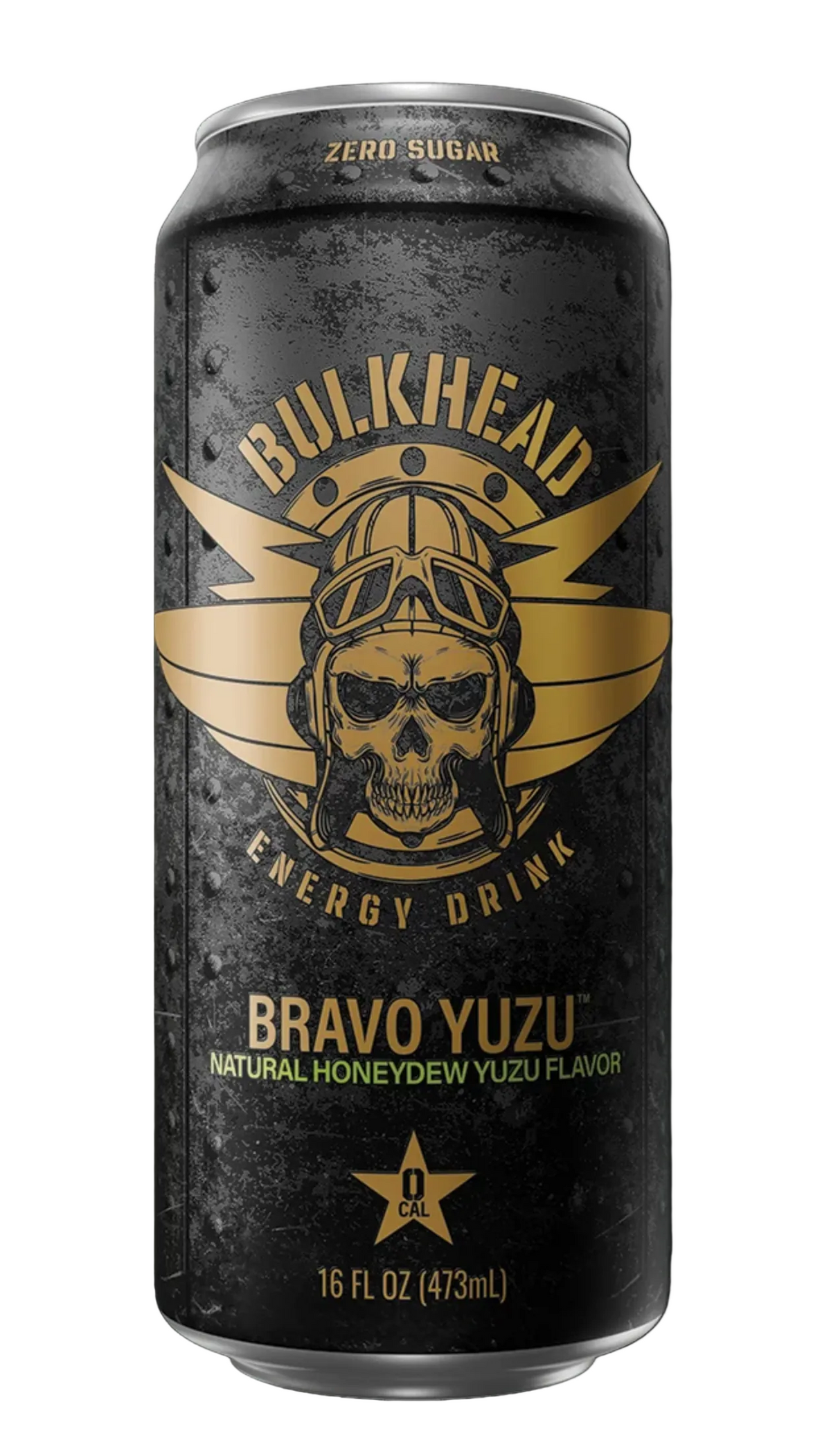A single can of Bulkhead Energy Drink Bravo Yuzu flavor on a black background. The can is dark gray/black with a distressed texture, featuring a gold skull wearing a helmet and goggles with wings, and gold text.