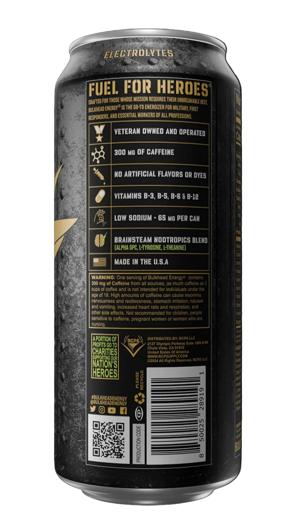 Back view of a black electrolyte beverage can with gold and white text, featuring product details, ingredients, and a barcode on a dark background.