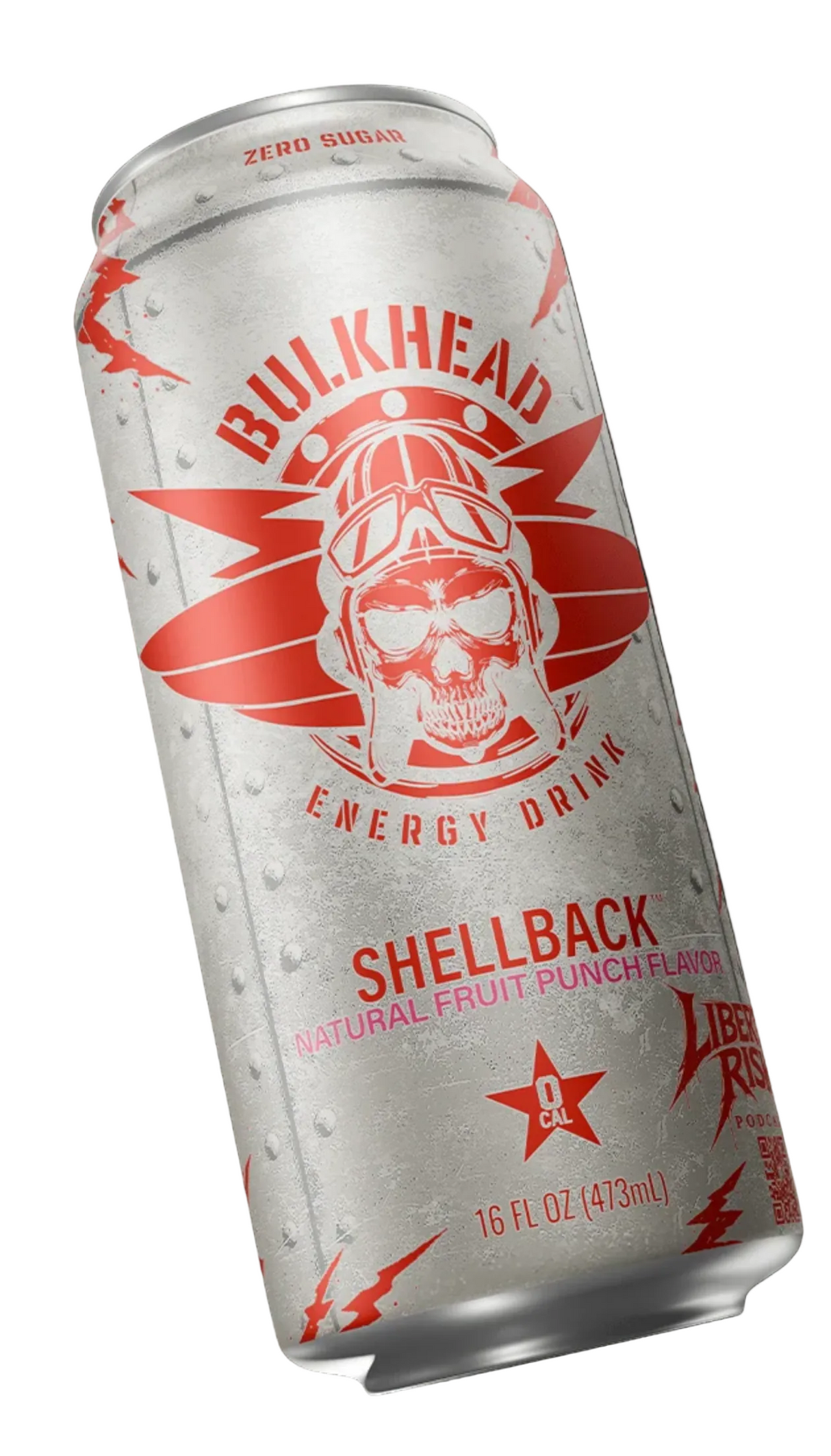 A 16 fl oz can of Bulkhead Shellback Energy Drink, featuring a metallic silver can with a red skull and aviator graphic, set against a solid black background.