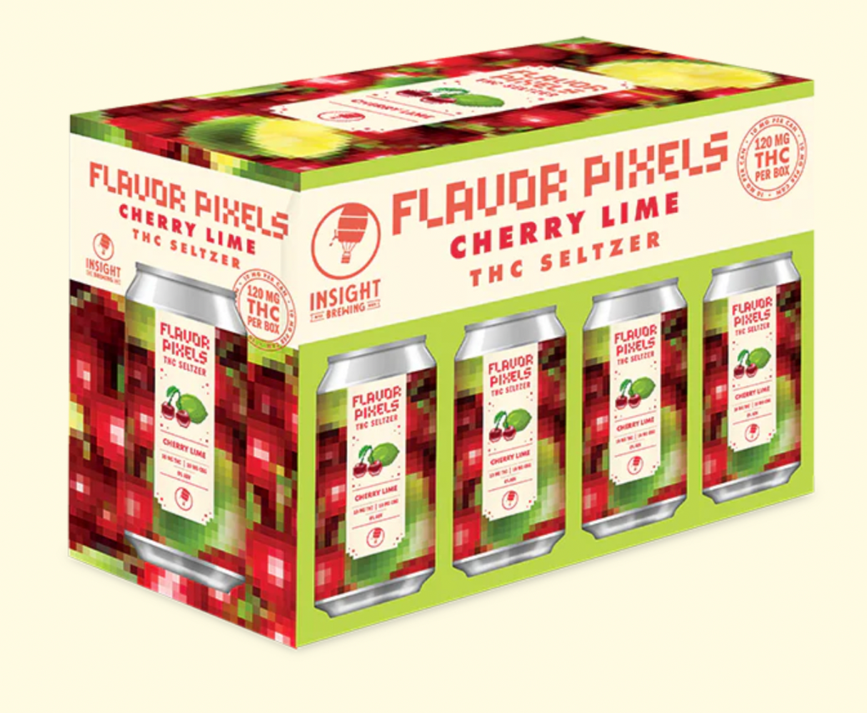 Box of Flavor Pixels Cherry Lime THC - CBG Seltzer with cans displayed on a white background