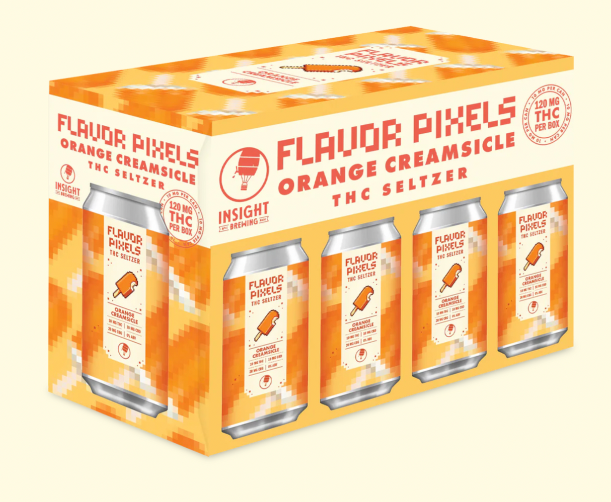 Box of Flavor Pixels Orange Creamsicle THC Seltzer cans on a light background