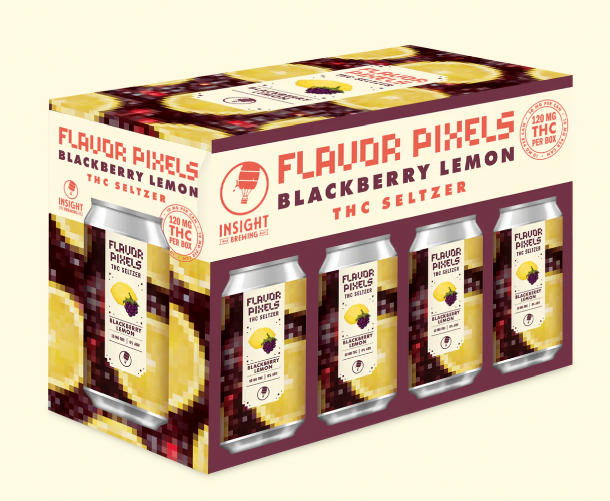 Packaging of Flavor Pixels Blackberry Lemon THC Seltzer with cans displayed.