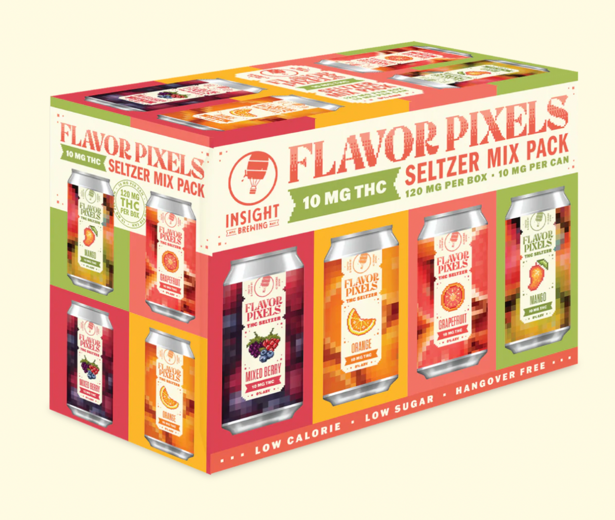 Box of Flavor Pixels Seltzer Mix Pack with cans displayed on a white background
