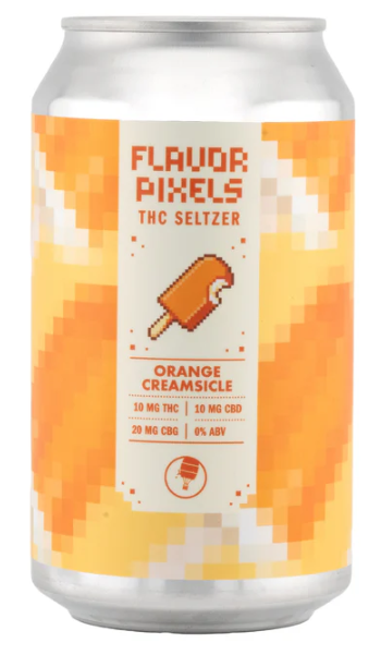 A can of Flavor Pixels THC Seltzer in Orange Creamsicle flavor. The can is silver with a graphic design featuring cherries and a lime.