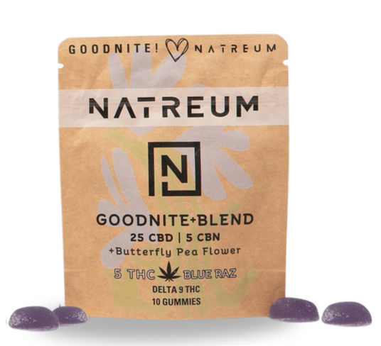 Natreum Goodnite blend – 5mg THC, 25mg CBD, and 5mg CBN for relaxation and restful sleep