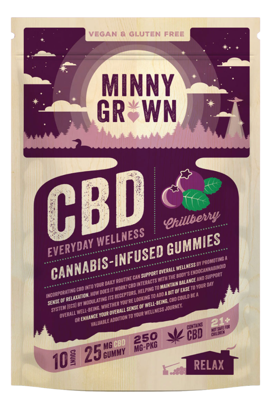 CBD gummies packaging with 'Minny Grown' branding on a purple and beige background