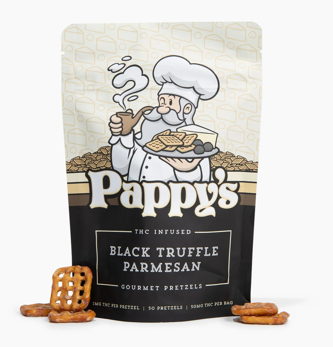 Pappy's Black Truffle Parmesan gourmet pretzel packaging with a cartoon chef on a white background