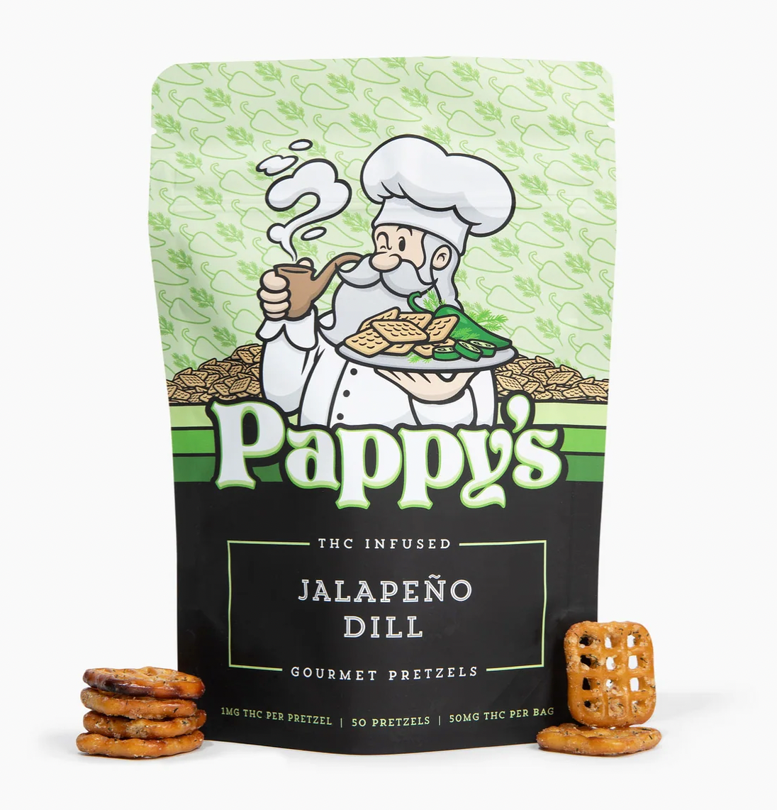 Pappy's Jalapeño Dill Gourmet Pretzels packaging with a cartoon chef on a white background
