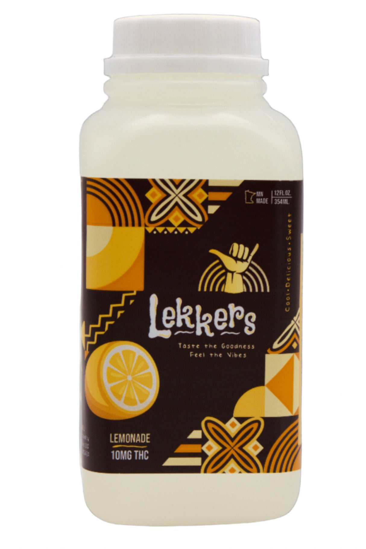 A bottle of Lekker's THC infused fruit drink with a label showing a lemon illustration and text indicating the flavor and brand.