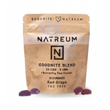 A stand-up pouch of NATREUM Goodnite Blend CBD gummies in Red Grape flavor, shown on a plain white background with three purple gummies placed in front.