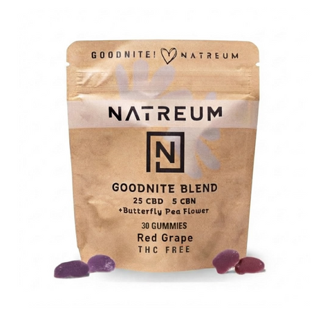 A stand-up pouch of NATREUM Goodnite Blend CBD gummies in Red Grape flavor, shown on a plain white background with three purple gummies placed in front.