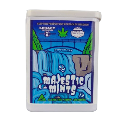 A package of Legacy Cannabis Majestic Mints with a peppermint flavor, containing 2.5 MG THC, with branding and product information displayed on the label.
