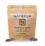 A stand-up pouch of NATREUM Goodnite Blend gummies in Blue Raz flavor, shown on a white background with three purple gummies placed in front.