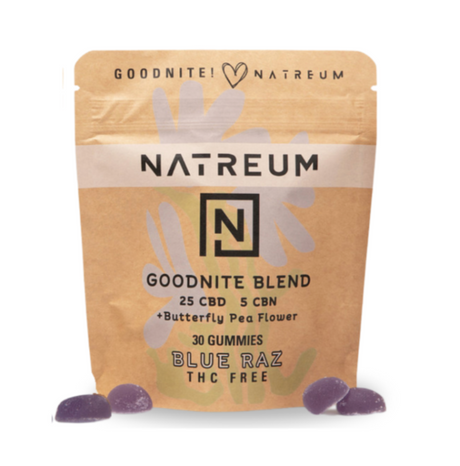 A stand-up pouch of NATREUM Goodnite Blend gummies in Blue Raz flavor, shown on a white background with three purple gummies placed in front.