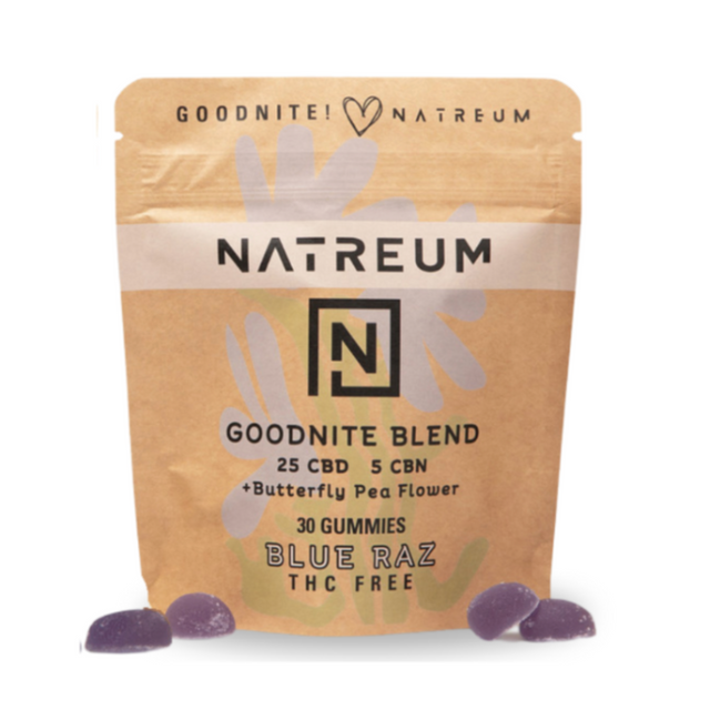 A stand-up pouch of NATREUM Goodnite Blend gummies in Blue Raz flavor, shown on a white background with three purple gummies placed in front.