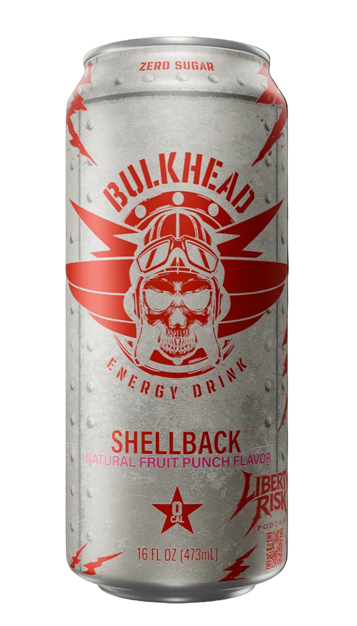 A 16 fl oz can of Bulkhead Shellback energy drink, featuring a metallic silver can with a bold red graphic of a skull wearing aviator goggles and a helmet, set against a dark background.