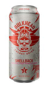 A 16 fl oz can of Bulkhead Shellback energy drink, featuring a metallic silver can with a bold red graphic of a skull wearing aviator goggles and a helmet, set against a dark background.