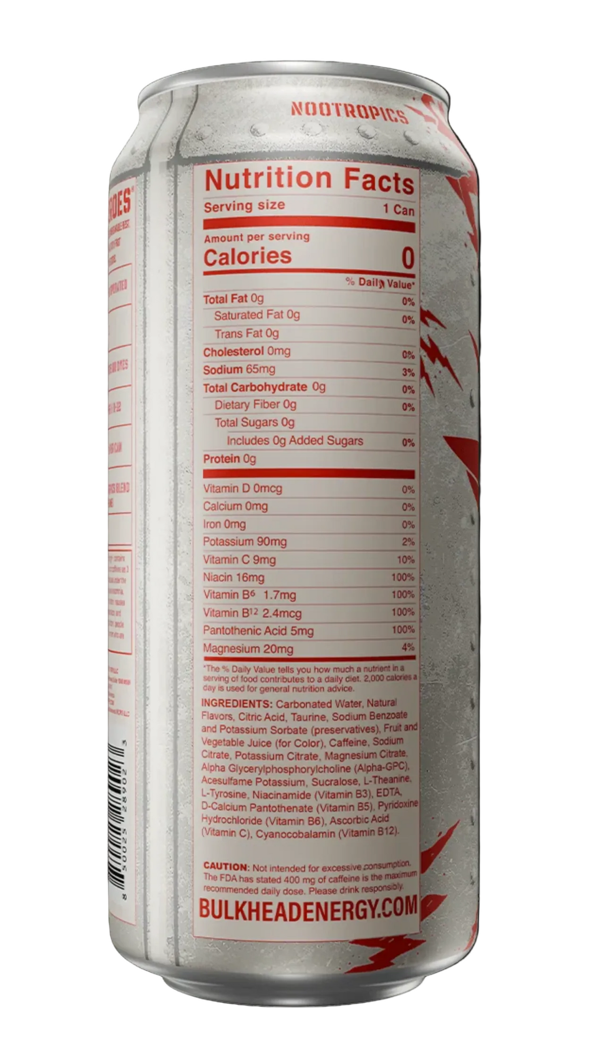 A close-up of the back of a white Nootropics energy can, showing the nutrition facts label with red text and a barcode, set against a dark background.