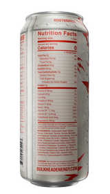 A close-up of the back of a white Nootropics energy can, showing the nutrition facts label with red text and a barcode, set against a dark background.