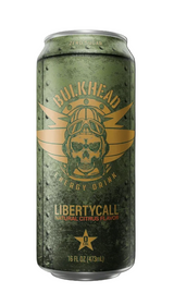 A single aluminum can of Bulkhead Energy Drink LibertyCall, natural citrus flavor, shown against a solid black background. The can features a textured olive green design with a prominent gold graphic of a skull wearing a helmet and goggles, surrounded by wings.