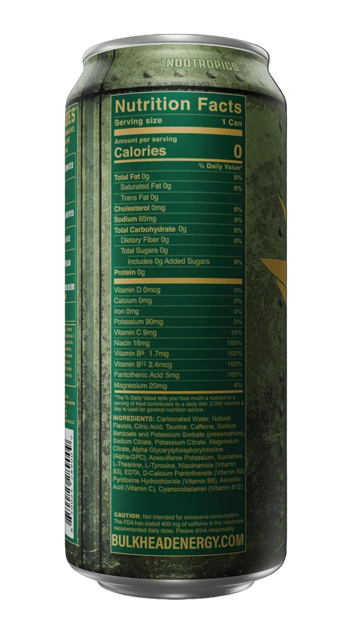 A slim can of Nodotronics Bulkhead Energy drink shown from the back, featuring a dark green label with a large Nutrition Facts panel and fine text, on a black background.
