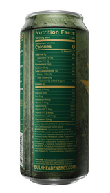 A slim can of Nodotronics Bulkhead Energy drink shown from the back, featuring a dark green label with a large Nutrition Facts panel and fine text, on a black background.