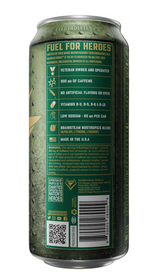 The back of a green electrolyte beverage can, featuring product information, ingredients, and a barcode on a dark background.