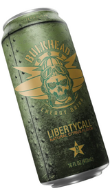 A single aluminum can of Bulkhead Libertycall Energy Drink, featuring a distressed olive green textured design with a gold winged skull logo, shown against a solid black background.