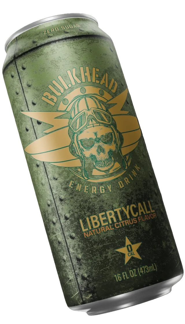 A single aluminum can of Bulkhead Libertycall Energy Drink, featuring a distressed olive green textured design with a gold winged skull logo, shown against a solid black background.