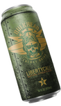 A single aluminum can of Bulkhead Libertycall Energy Drink, featuring a distressed olive green textured design with a gold winged skull logo, shown against a solid black background.
