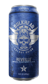 A single can of Bulkhead Energy Drink Reveille, natural mixed berry flavor, shown against a solid black background. The can features a textured metallic blue design with a white and silver graphic of a skull wearing goggles and wings, with 'BULKHEAD' and 'REVEILLE' printed in white.