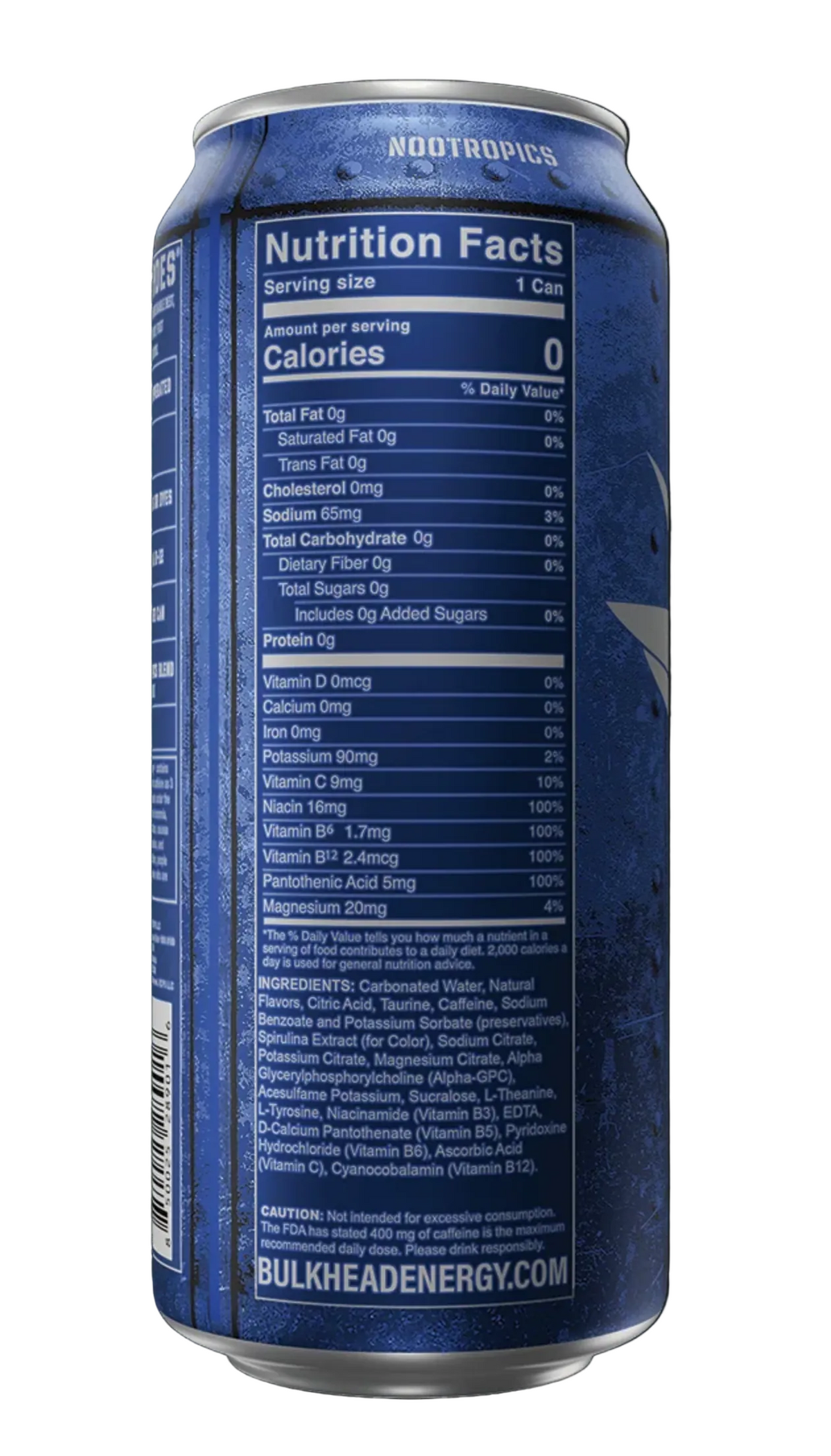 A blue Noodropics energy drink can shown from the back, featuring a detailed Nutrition Facts label with 0 calories, set against a dark background.