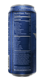 A blue Noodropics energy drink can shown from the back, featuring a detailed Nutrition Facts label with 0 calories, set against a dark background.