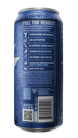 A blue electrolyte beverage can shown from the back, featuring product information, a barcode, QR code, and branding on a dark background.