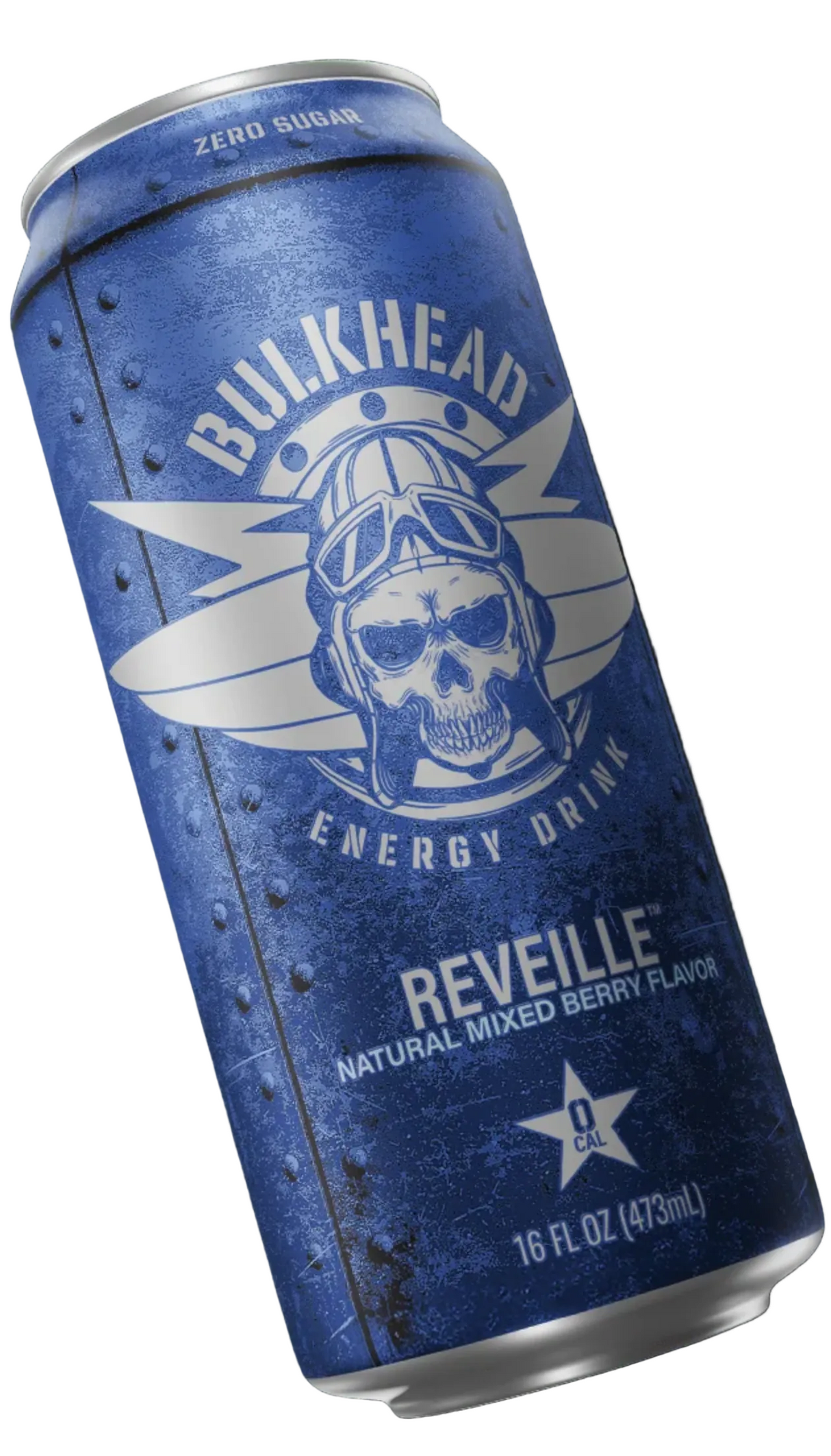 A single blue energy drink can labeled Bulkhead Reveille, shown at an angle against a black background. The can features a distressed blue finish with a white skull wearing aviator goggles and wings, plus text indicating zero sugar and natural mixed berry flavor.
