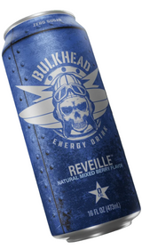 A single blue energy drink can labeled Bulkhead Reveille, shown at an angle against a black background. The can features a distressed blue finish with a white skull wearing aviator goggles and wings, plus text indicating zero sugar and natural mixed berry flavor.