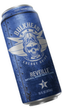 A single blue energy drink can labeled Bulkhead Reveille, shown at an angle against a black background. The can features a distressed blue finish with a white skull wearing aviator goggles and wings, plus text indicating zero sugar and natural mixed berry flavor.
