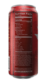 A red Nootropics energy can shown from the back, featuring a prominent Nutrition Facts label and a dark gray logo on a black background.