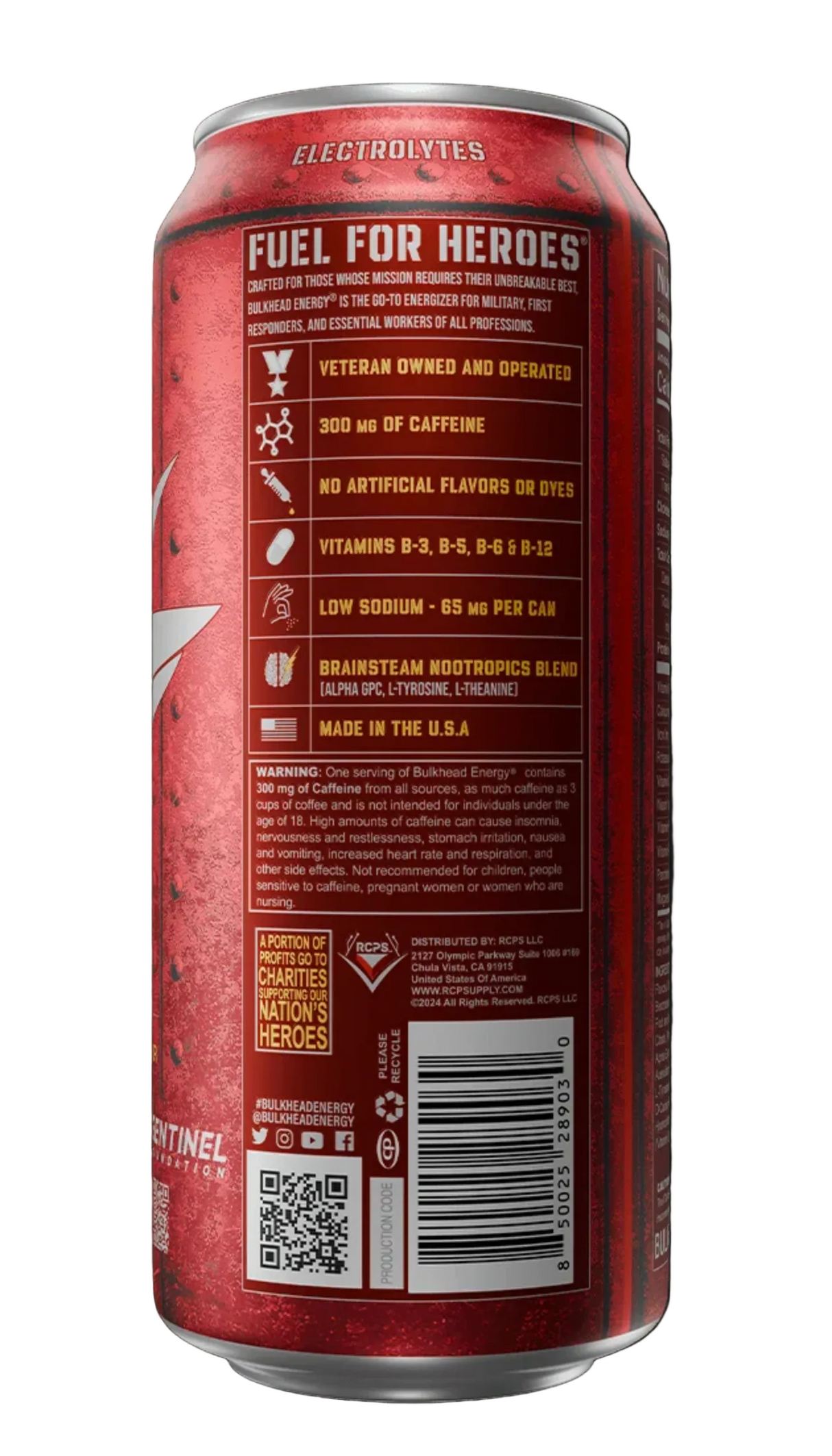 A red aluminum beverage can shown from the back, featuring white and yellow text with product details, a barcode, and a QR code on a dark background.