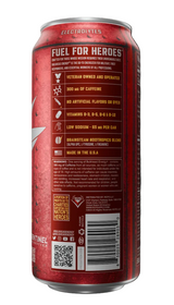 A red aluminum beverage can shown from the back, featuring white and yellow text with product details, a barcode, and a QR code on a dark background.