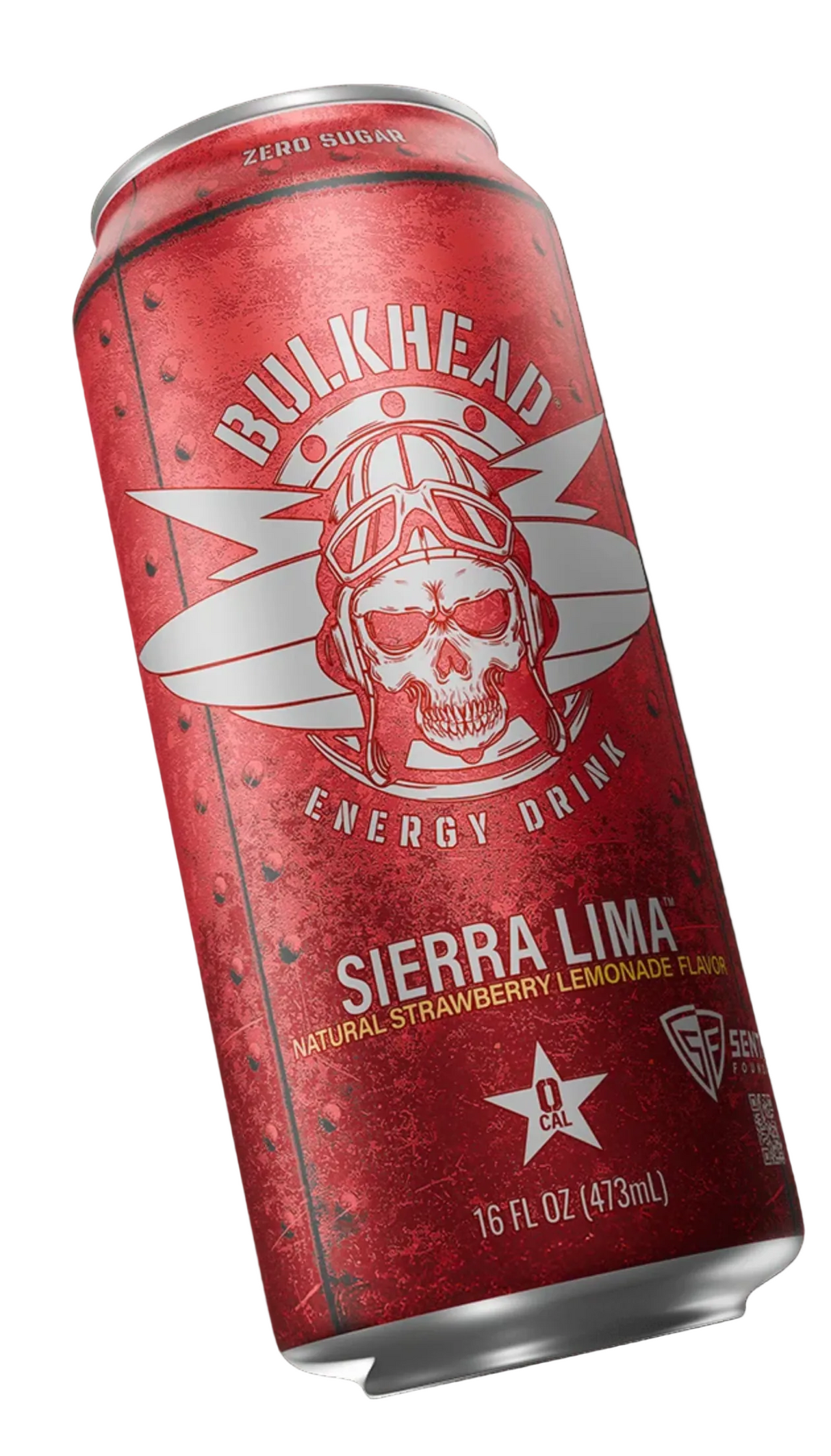 A single red aluminum can of Bulkhead Energy Drink Sierra Lima flavor, shown at an angle against a solid black background. The can features a textured red finish with white graphics of a skull wearing a helmet and goggles, along with the product name and flavor details.