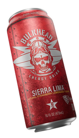 A single red aluminum can of Bulkhead Energy Drink Sierra Lima flavor, shown at an angle against a solid black background. The can features a textured red finish with white graphics of a skull wearing a helmet and goggles, along with the product name and flavor details.